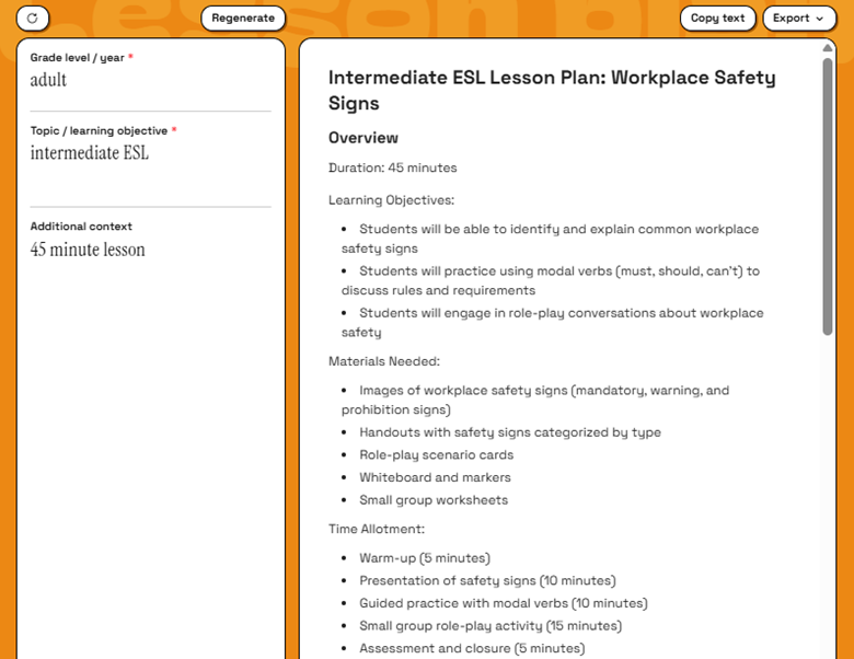 screenshot of an example lesson plan including an overview with Objectives, Materials Needed, and Time Allotment.